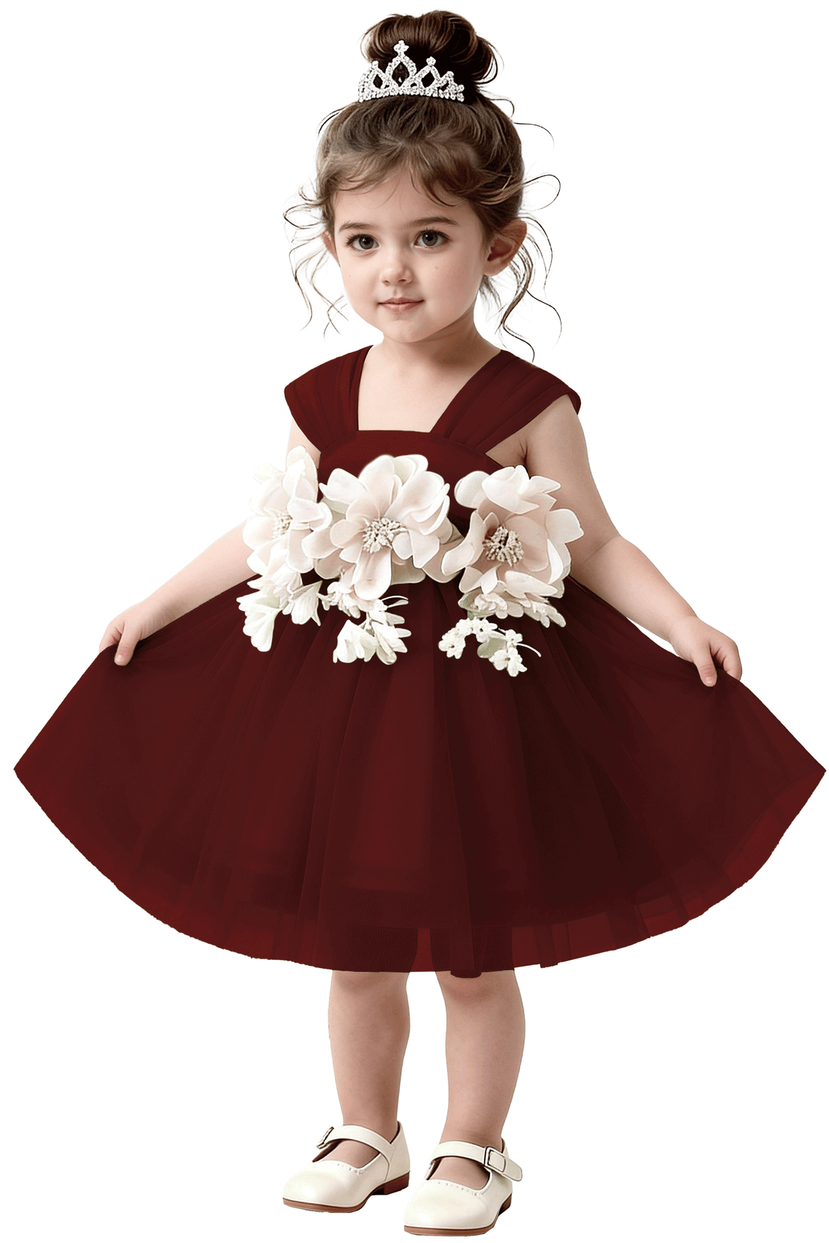 Mint Green Tulle 3D White Flower Satin Back Bow Flared A-Line Dress