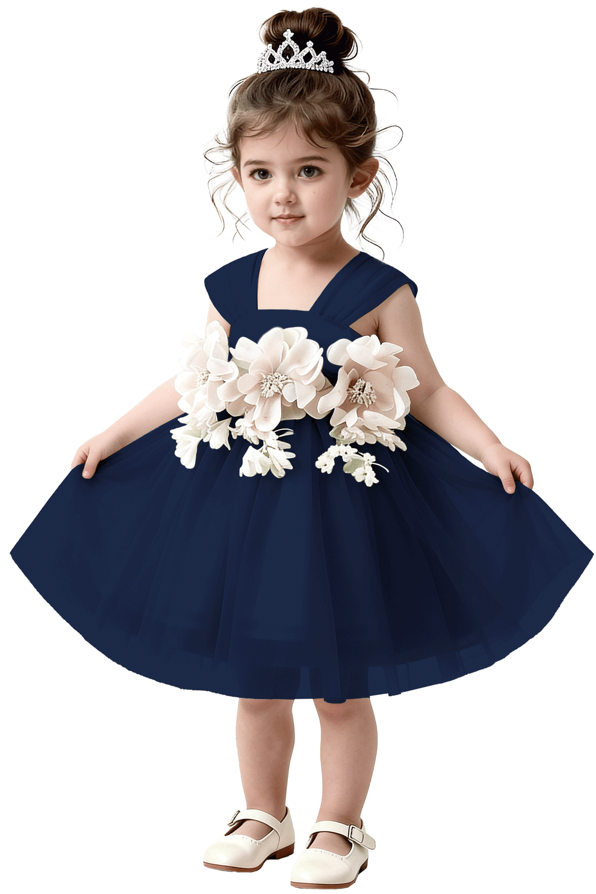 Mint Green Tulle 3D White Flower Satin Back Bow Flared A-Line Dress