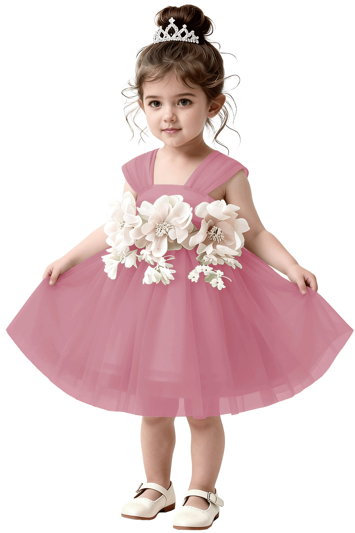 Mint Green Tulle 3D White Flower Satin Back Bow Flared A-Line Dress