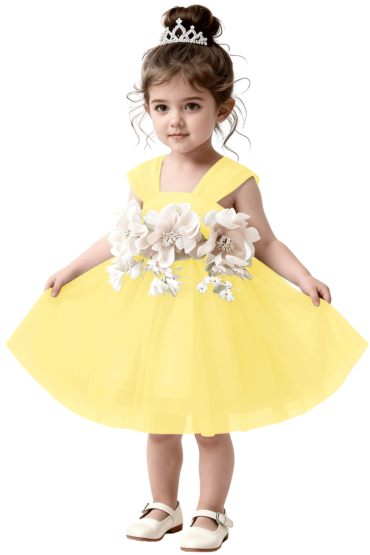 Mint Green Tulle 3D White Flower Satin Back Bow Flared A-Line Dress