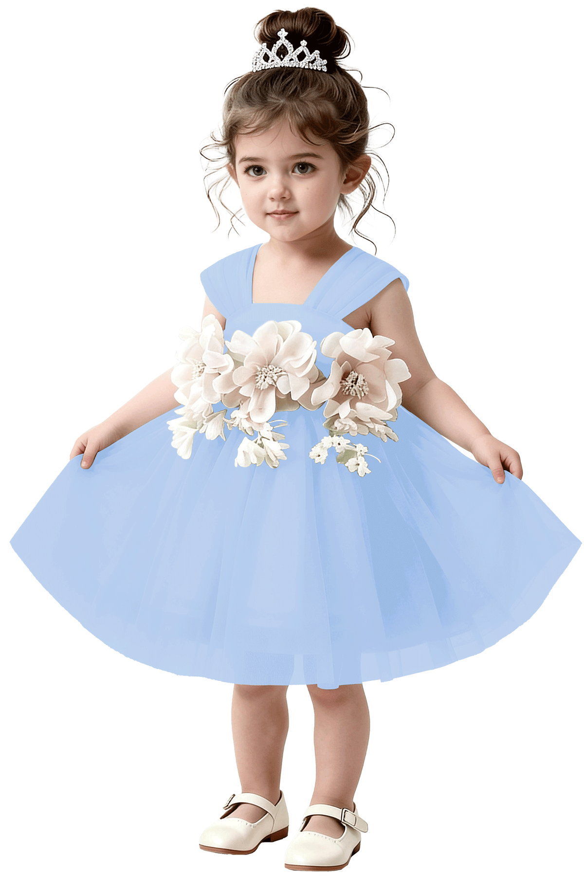 Mint Green Tulle 3D White Flower Satin Back Bow Flared A-Line Dress