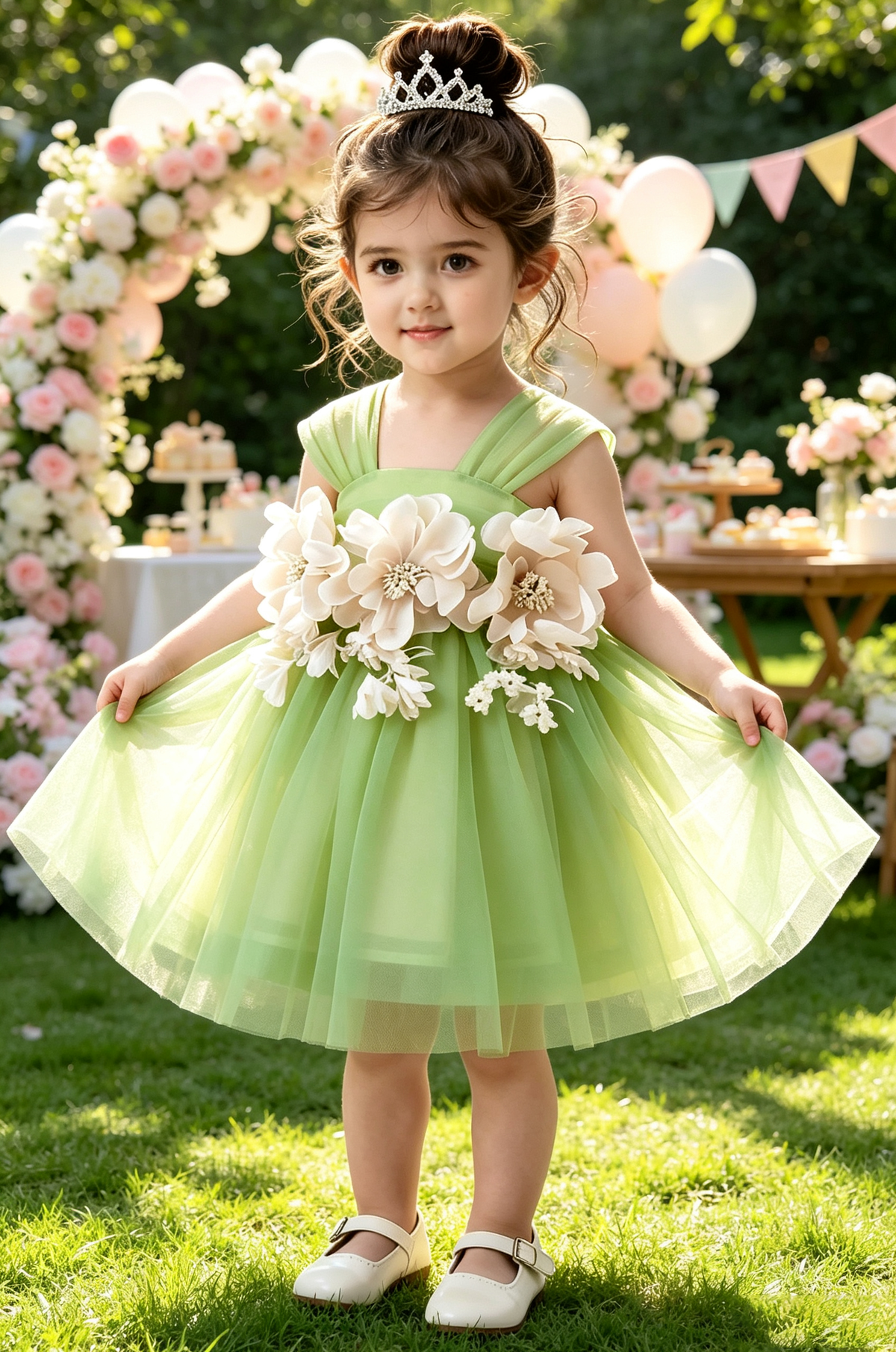 Mint Green Tulle 3D White Flower Satin Back Bow Flared A-Line Dress