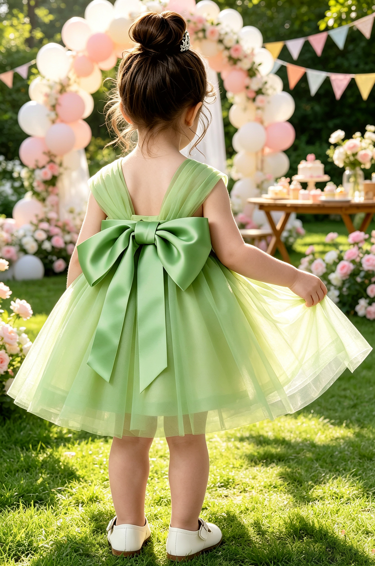 Mint Green Tulle 3D White Flower Satin Back Bow Flared A-Line Dress