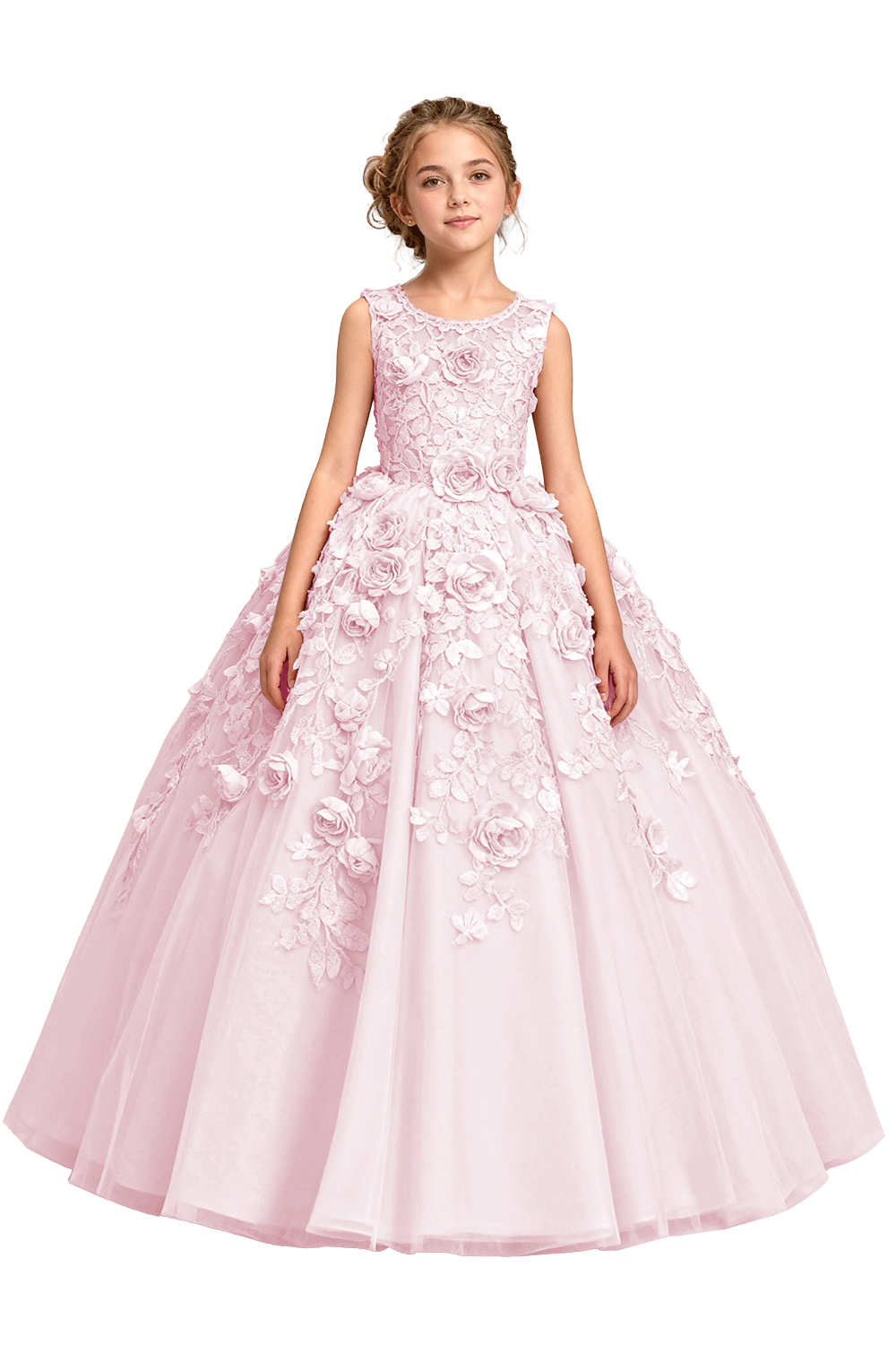 Champagne Heavy Embroidery Lace Tulle All Over 3D Rose Floral A-Line Dress