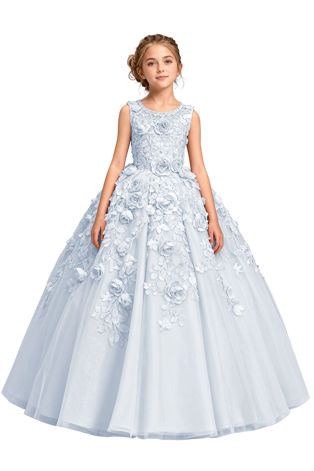 Champagne Heavy Embroidery Lace Tulle All Over 3D Rose Floral A-Line Dress