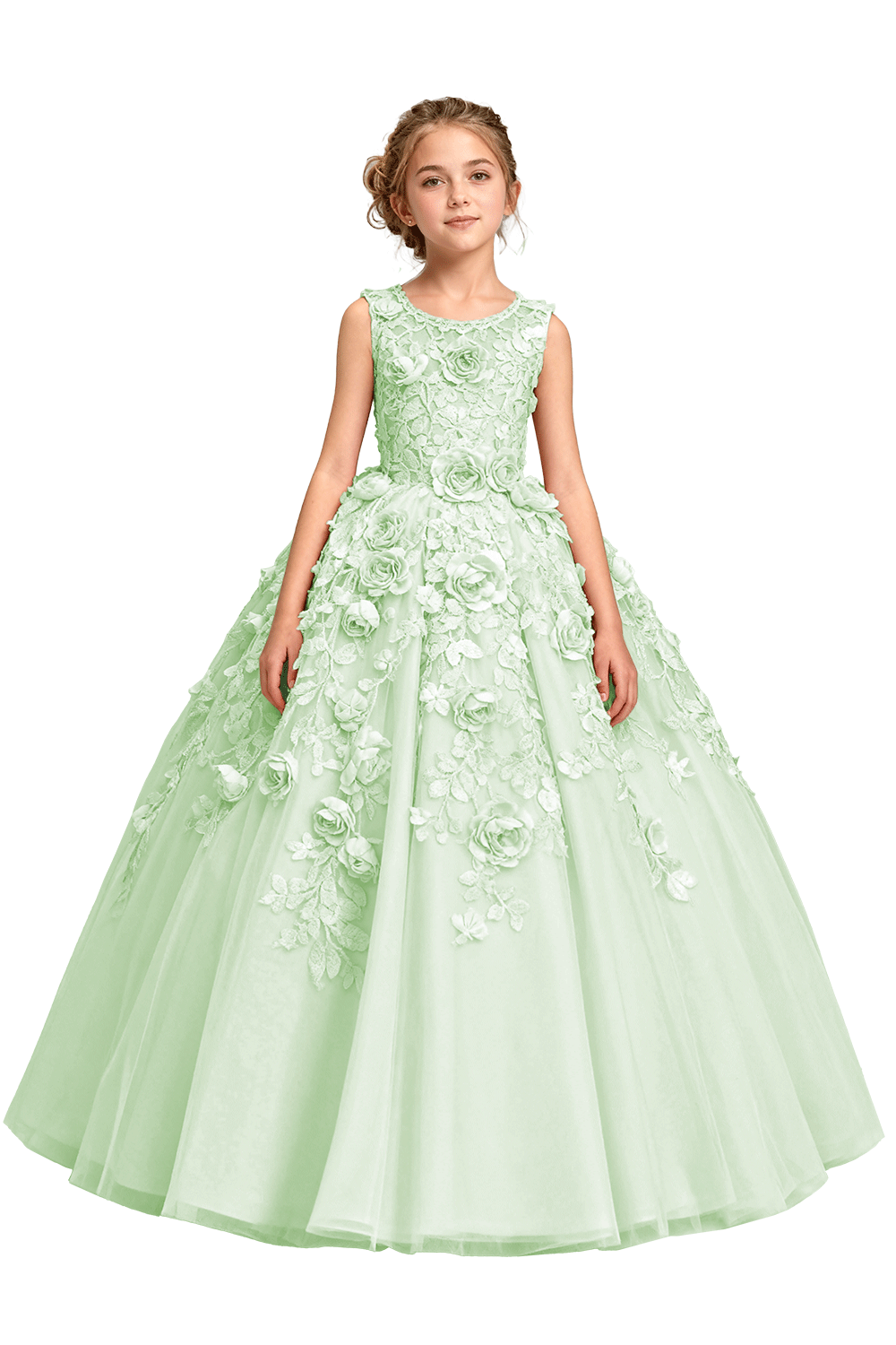 Champagne Heavy Embroidery Lace Tulle All Over 3D Rose Floral A-Line Dress