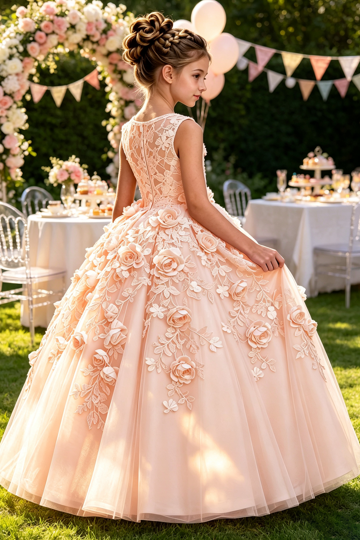 Champagne Heavy Embroidery Lace Tulle All Over 3D Rose Floral A-Line Dress