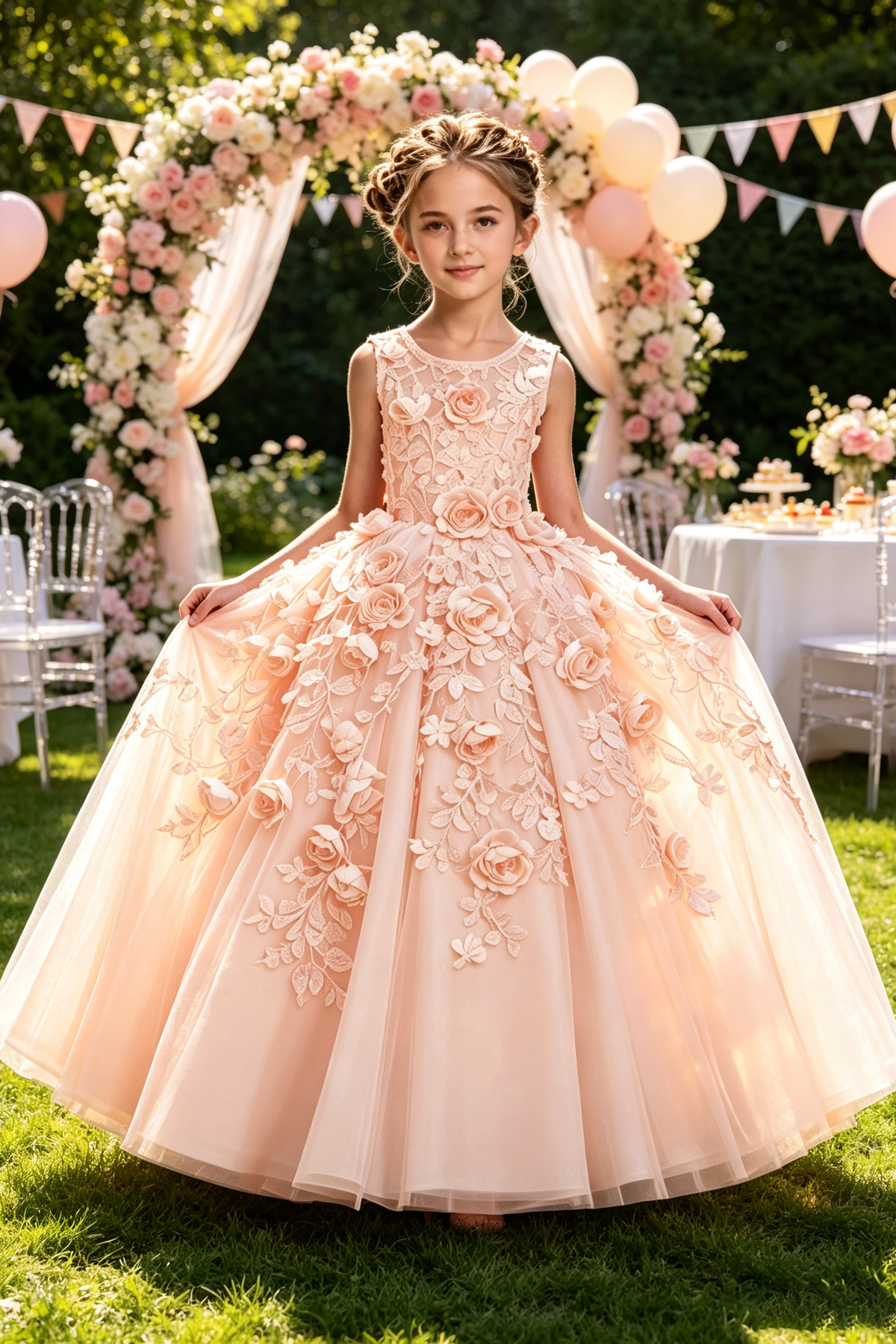 Champagne Heavy Embroidery Lace Tulle All Over 3D Rose Floral A-Line Dress