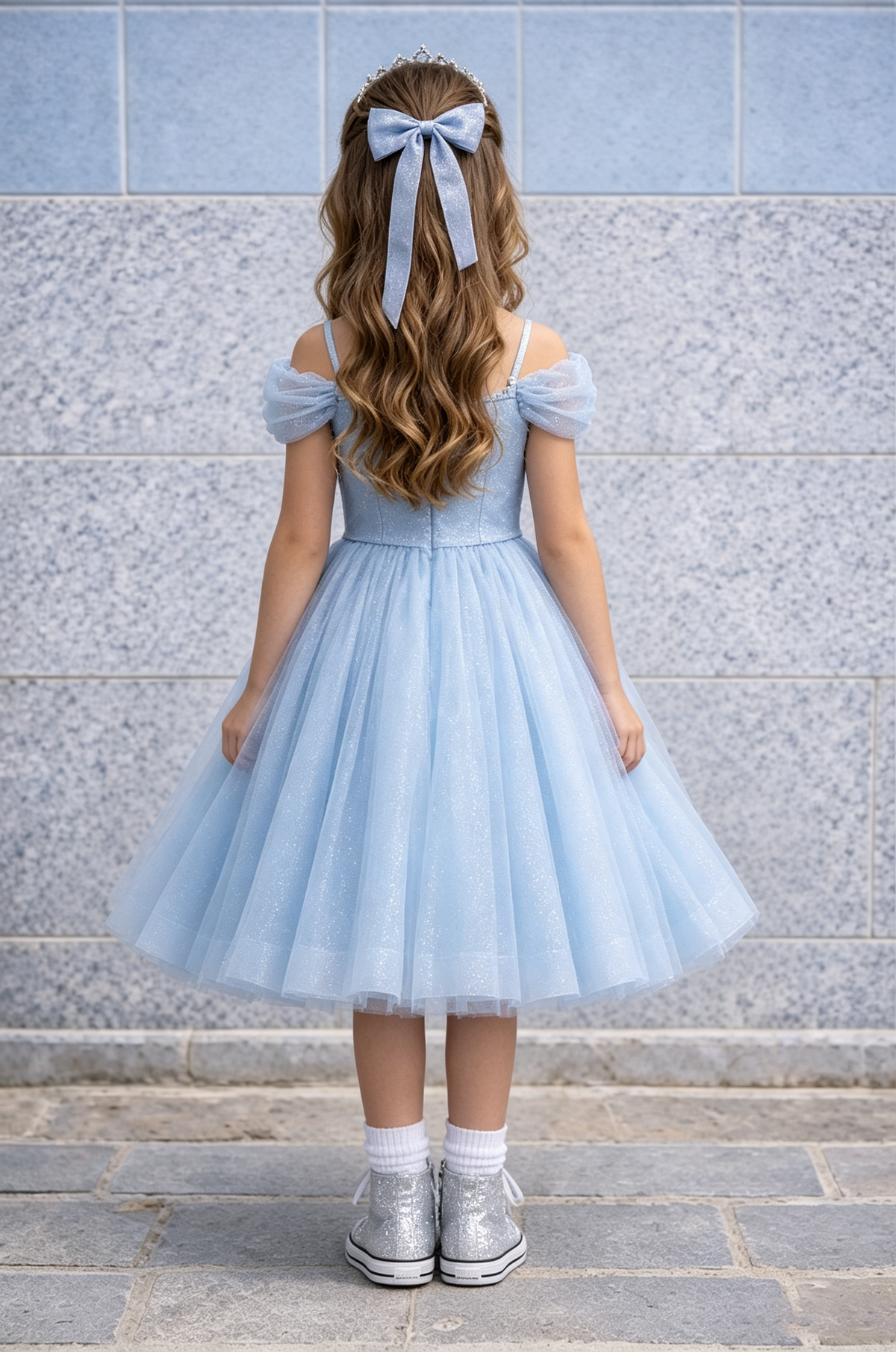 Sky Blue Fine Glitter Tulle Off The Shoulder A-Line Princess Dress