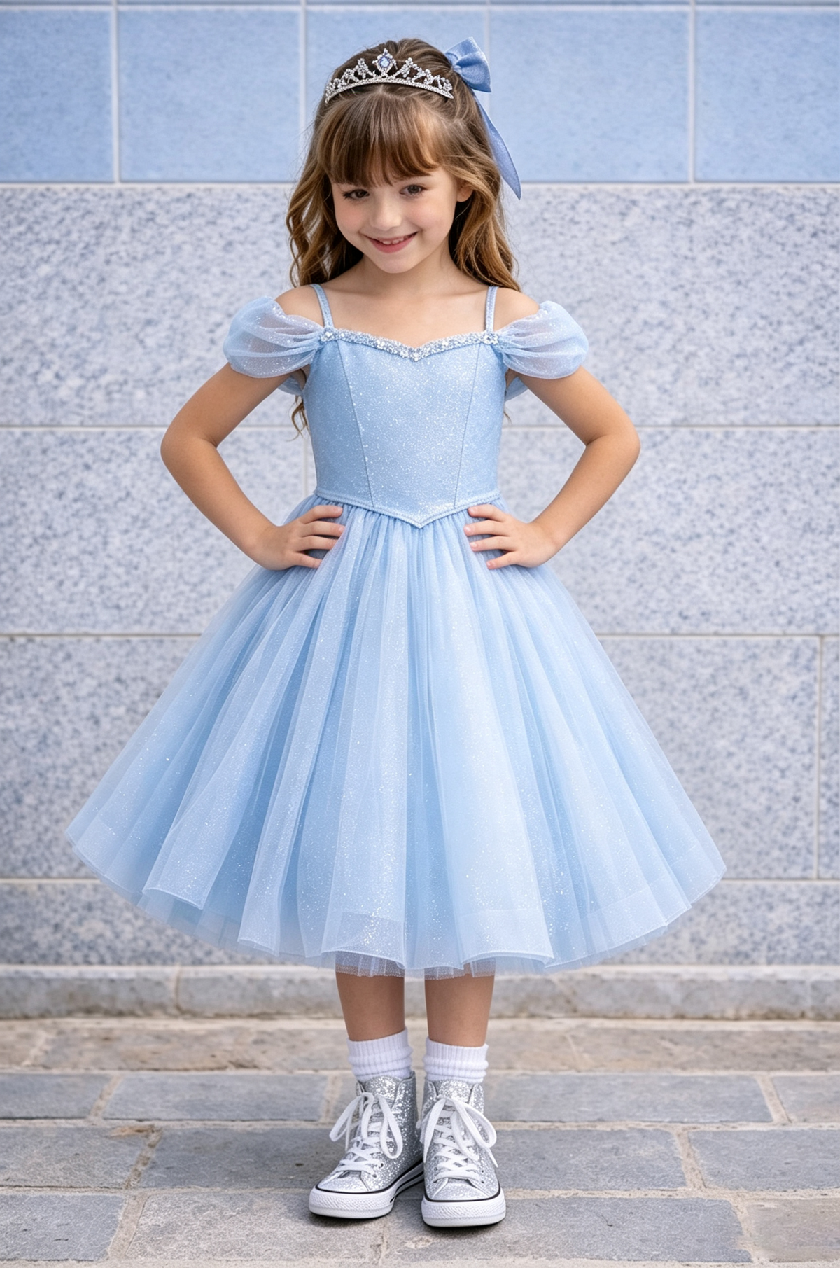 Sky Blue Fine Glitter Tulle Off The Shoulder A-Line Princess Dress