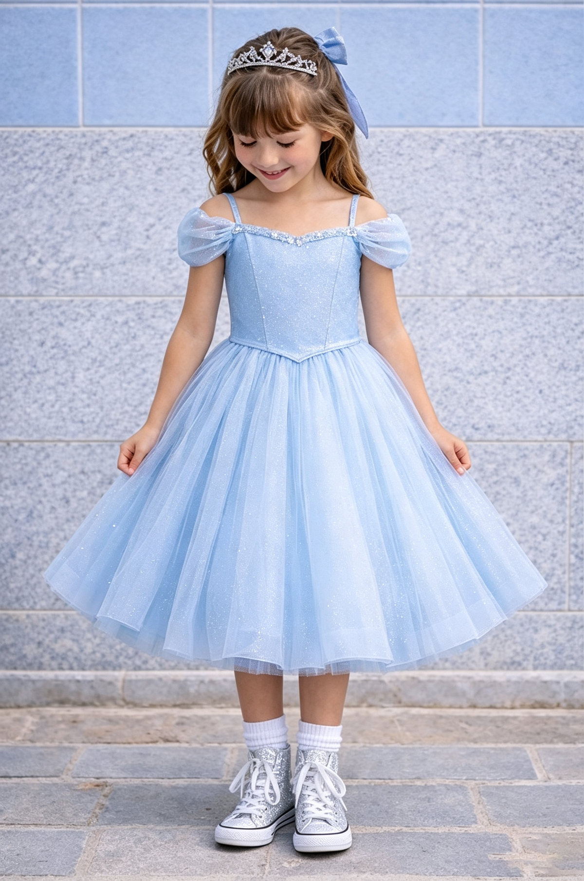 Sky Blue Fine Glitter Tulle Off The Shoulder A-Line Princess Dress