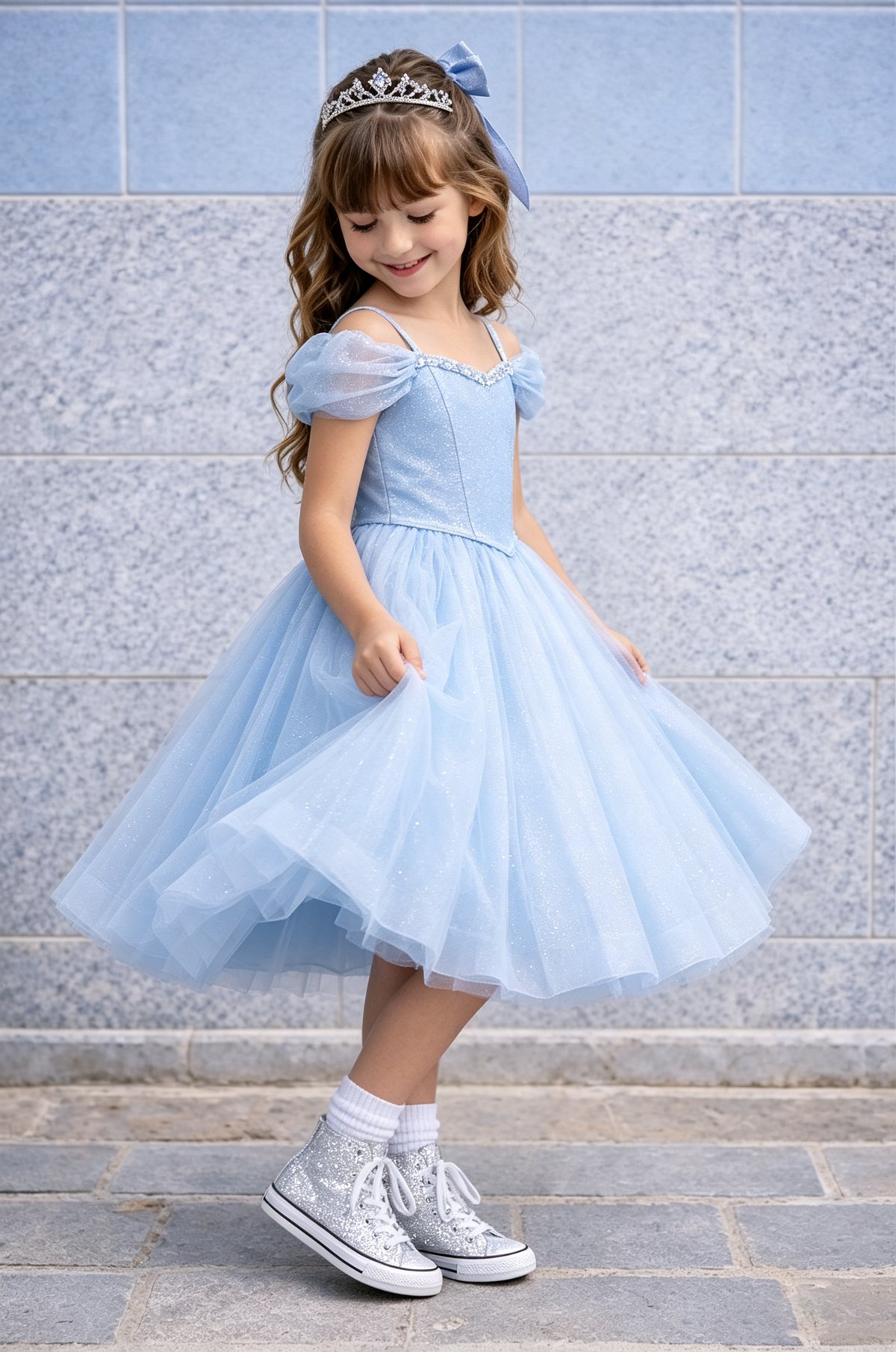 Sky Blue Fine Glitter Tulle Off The Shoulder A-Line Princess Dress