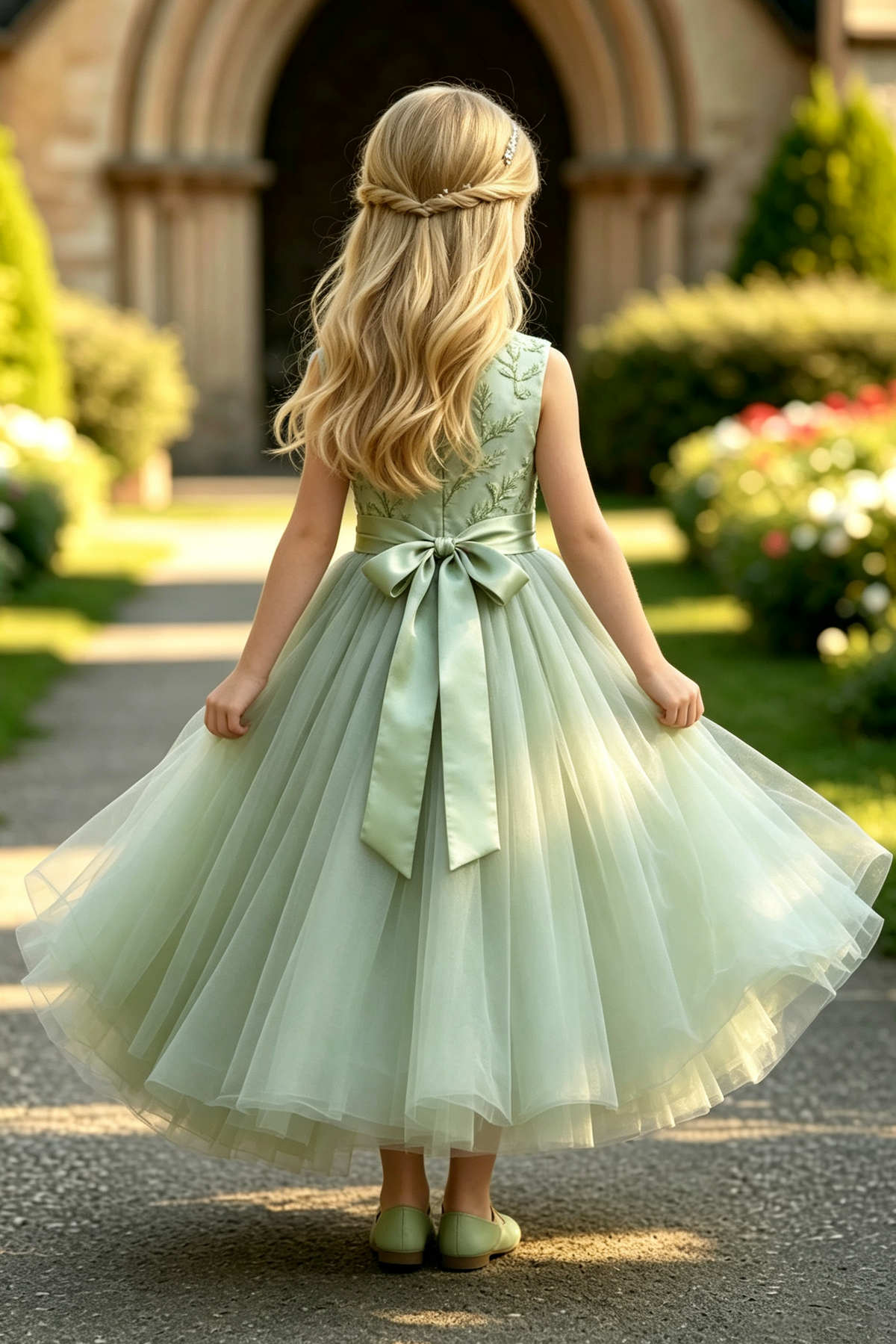 Sage Green Leaf Embroidery Lace Satin Waist Bow Tulle A-Line Dress