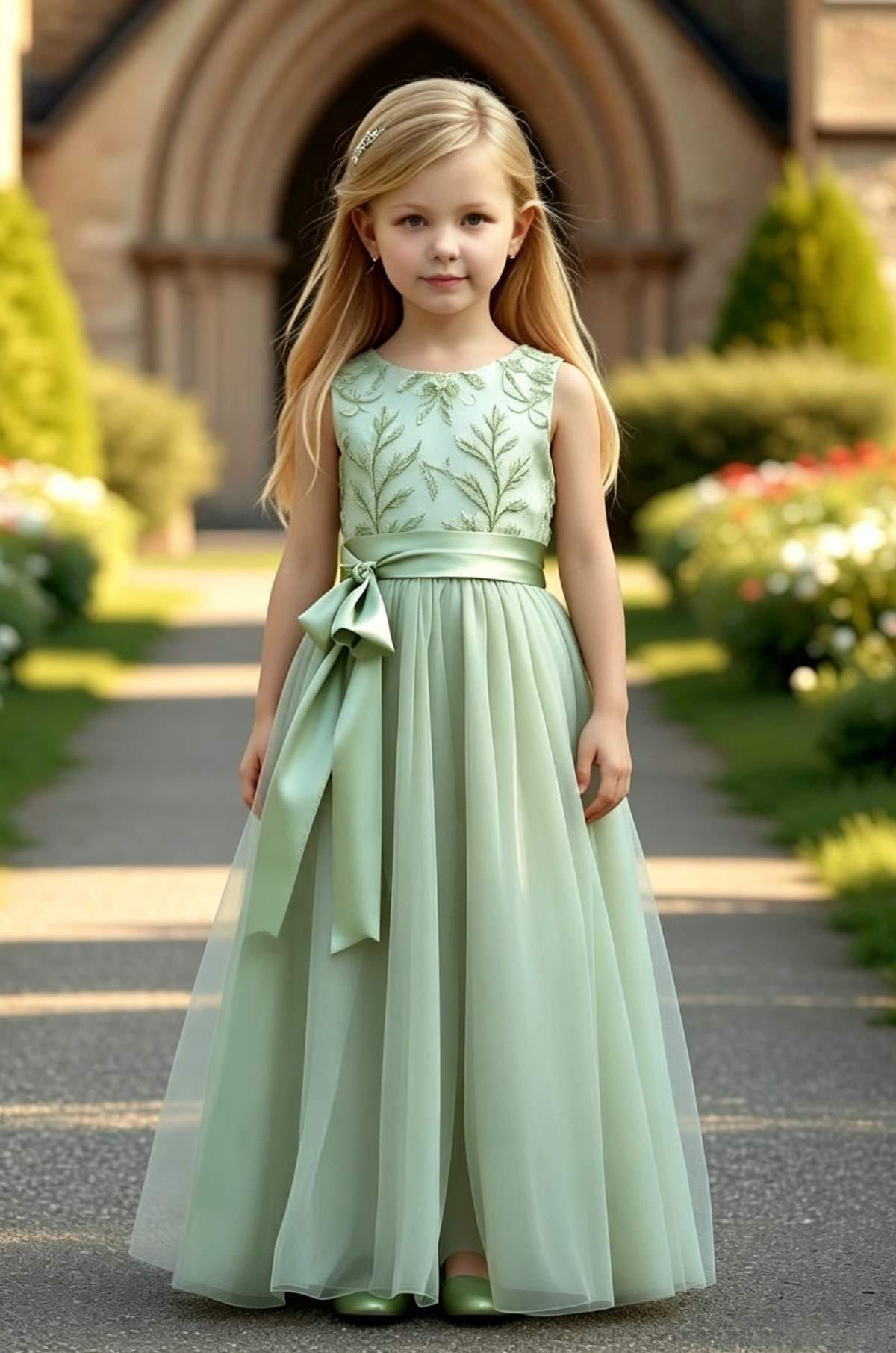 Sage Green Leaf Embroidery Lace Satin Waist Bow Tulle A-Line Dress