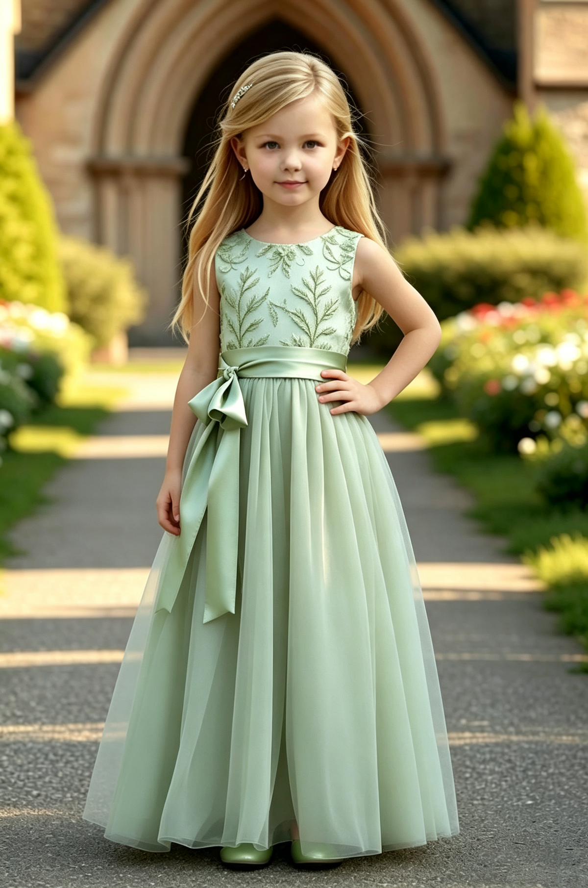 Sage Green Leaf Embroidery Lace Satin Waist Bow Tulle A-Line Dress