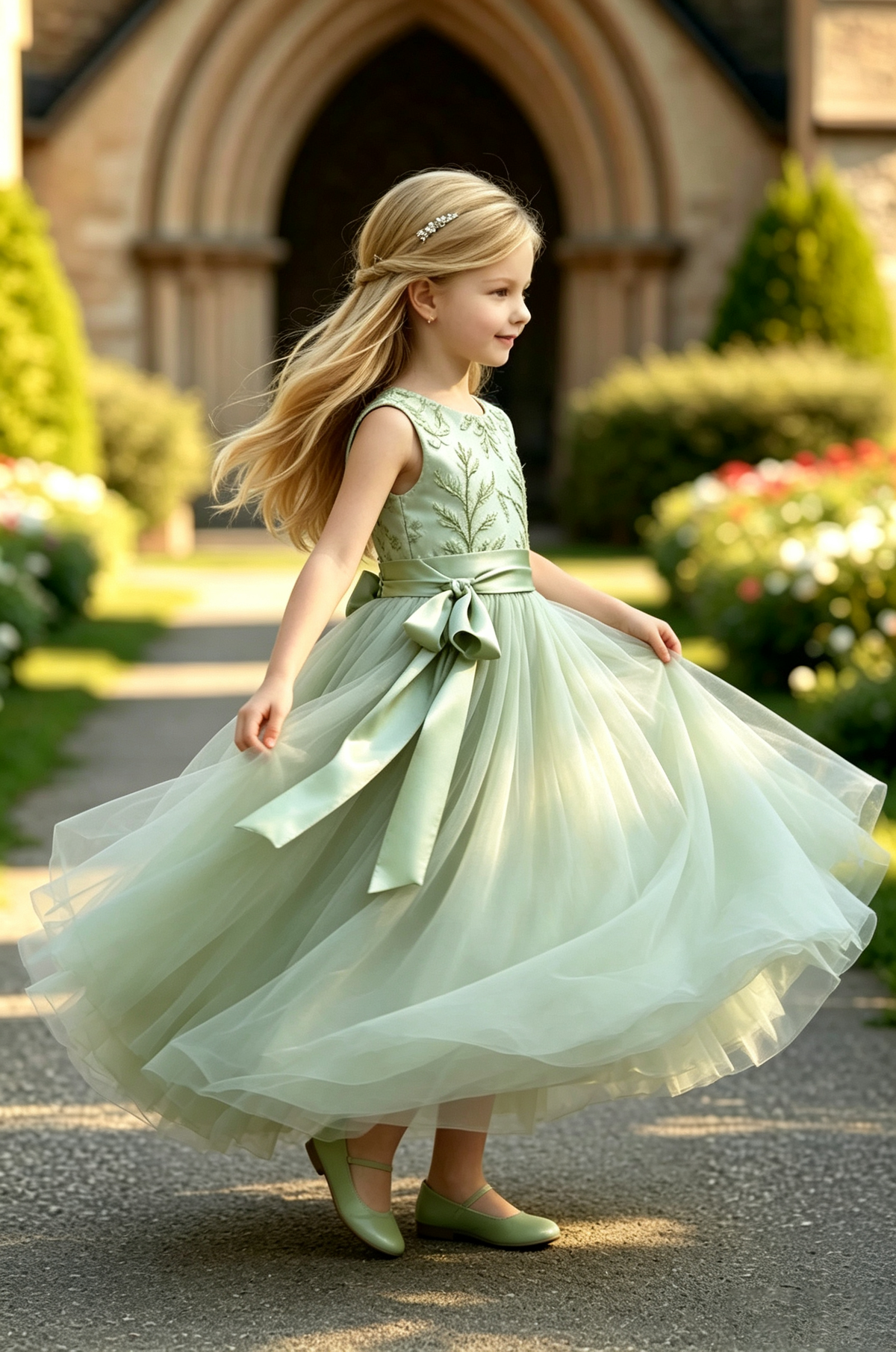 Sage Green Leaf Embroidery Lace Satin Waist Bow Tulle A-Line Dress