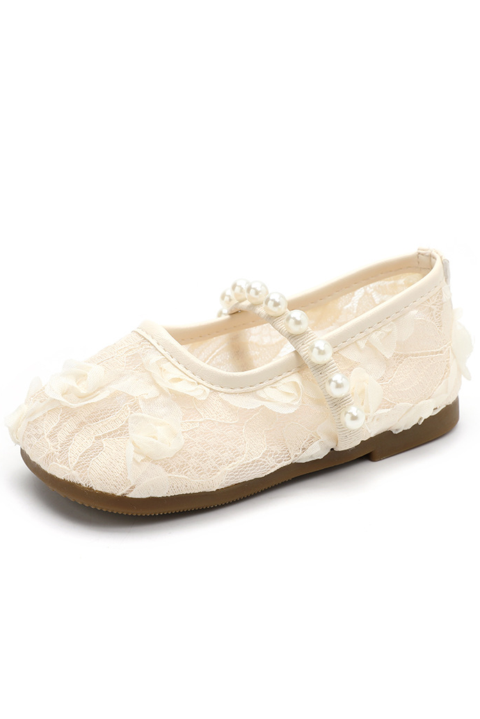 White Floral Lace Handmade 3D Rose Pearl Decorated Flat Mary Jane Princess Dress Shoes