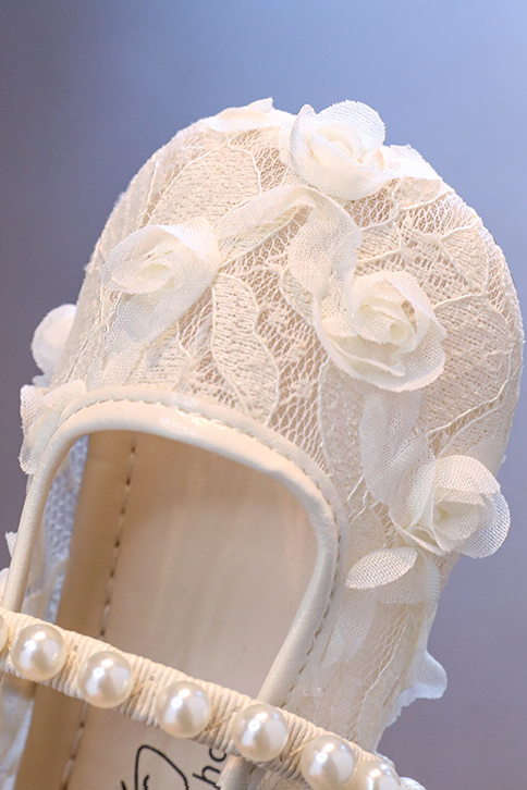 White Floral Lace Handmade 3D Rose Pearl Decorated Flat Mary Jane Princess Dress Shoes
