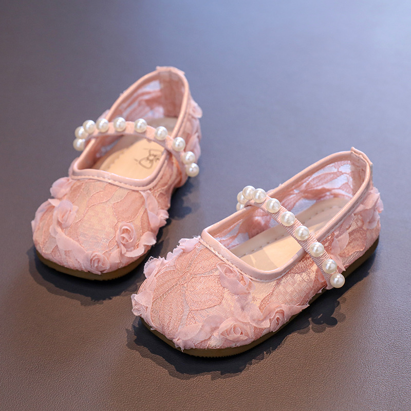 White Floral Lace Handmade 3D Rose Pearl Decorated Flat Mary Jane Princess Dress Shoes