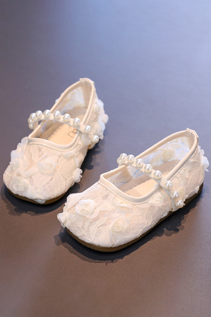 White Floral Lace Handmade 3D Rose Pearl Decorated Flat Mary Jane Princess Dress Shoes