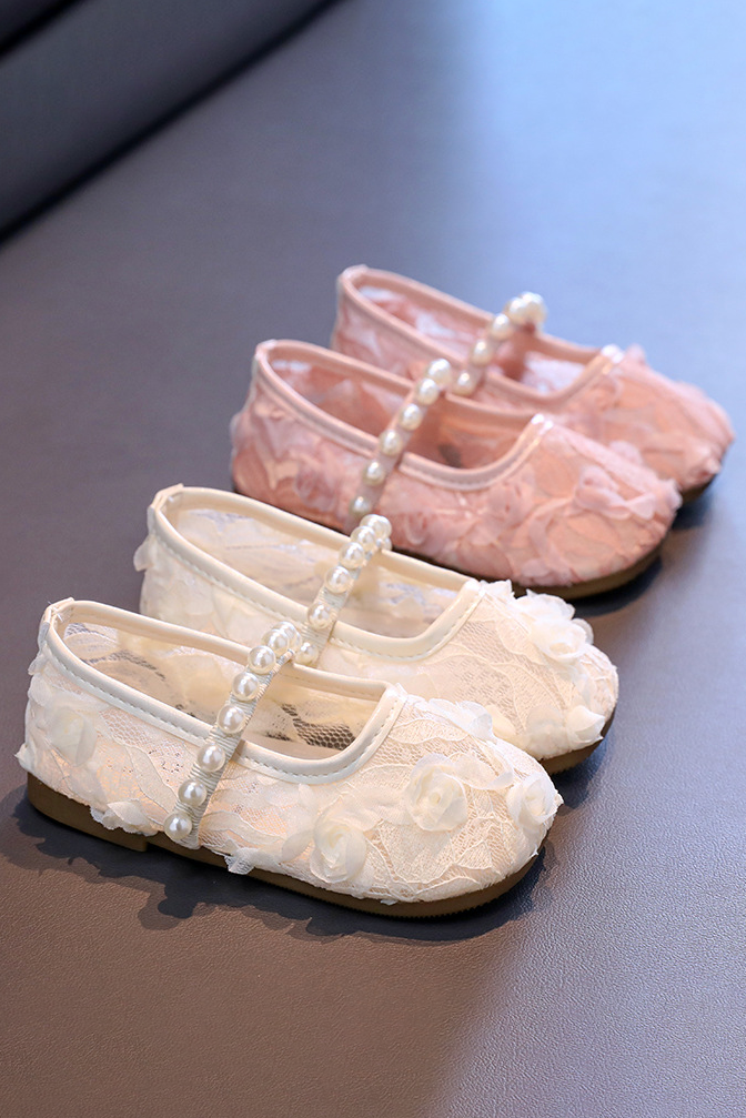 White Floral Lace Handmade 3D Rose Pearl Decorated Flat Mary Jane Princess Dress Shoes