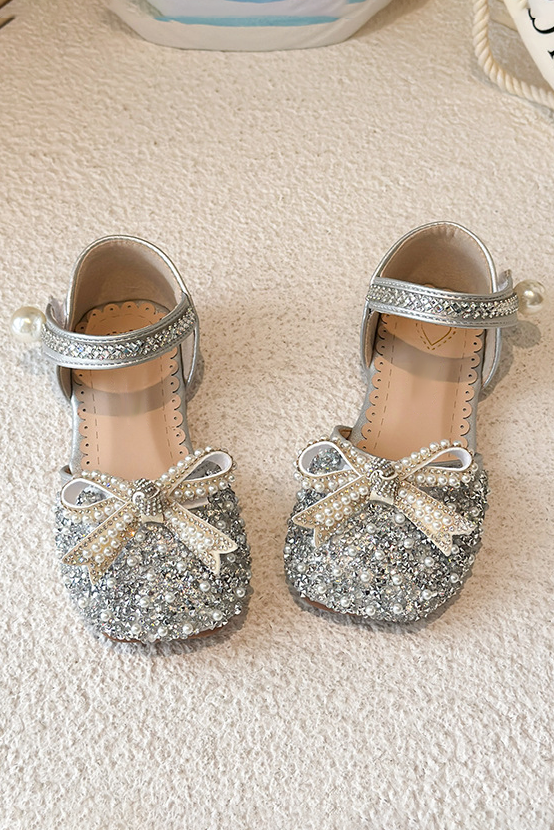 Silver Glitter Rhinestone Pearl Bow Closed Toe Flat Princess Sandals With Pearl Tassel Ankle Strap