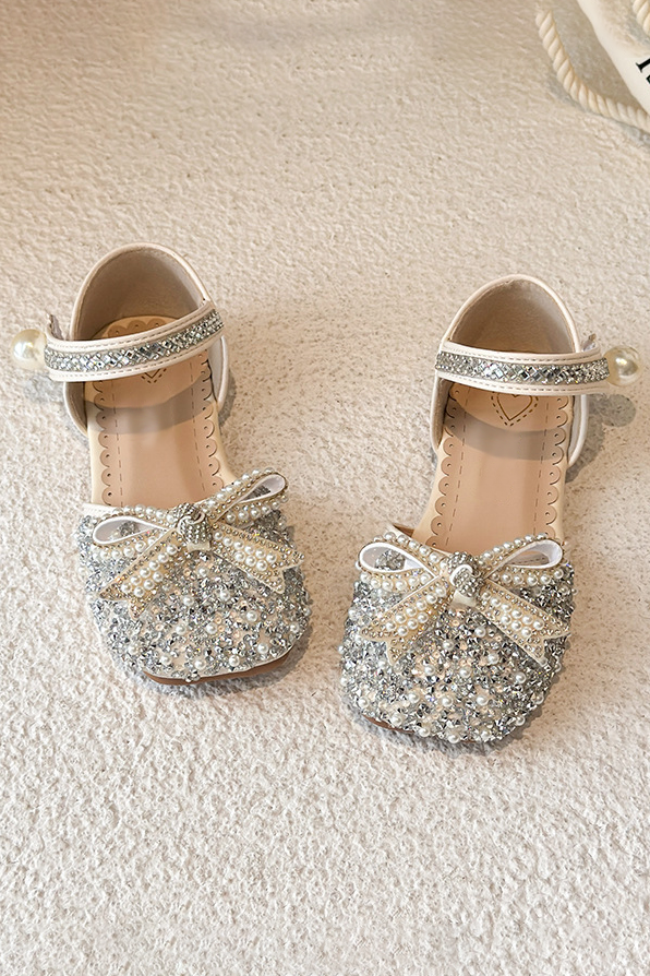 Silver Glitter Rhinestone Pearl Bow Closed Toe Flat Princess Sandals With Pearl Tassel Ankle Strap