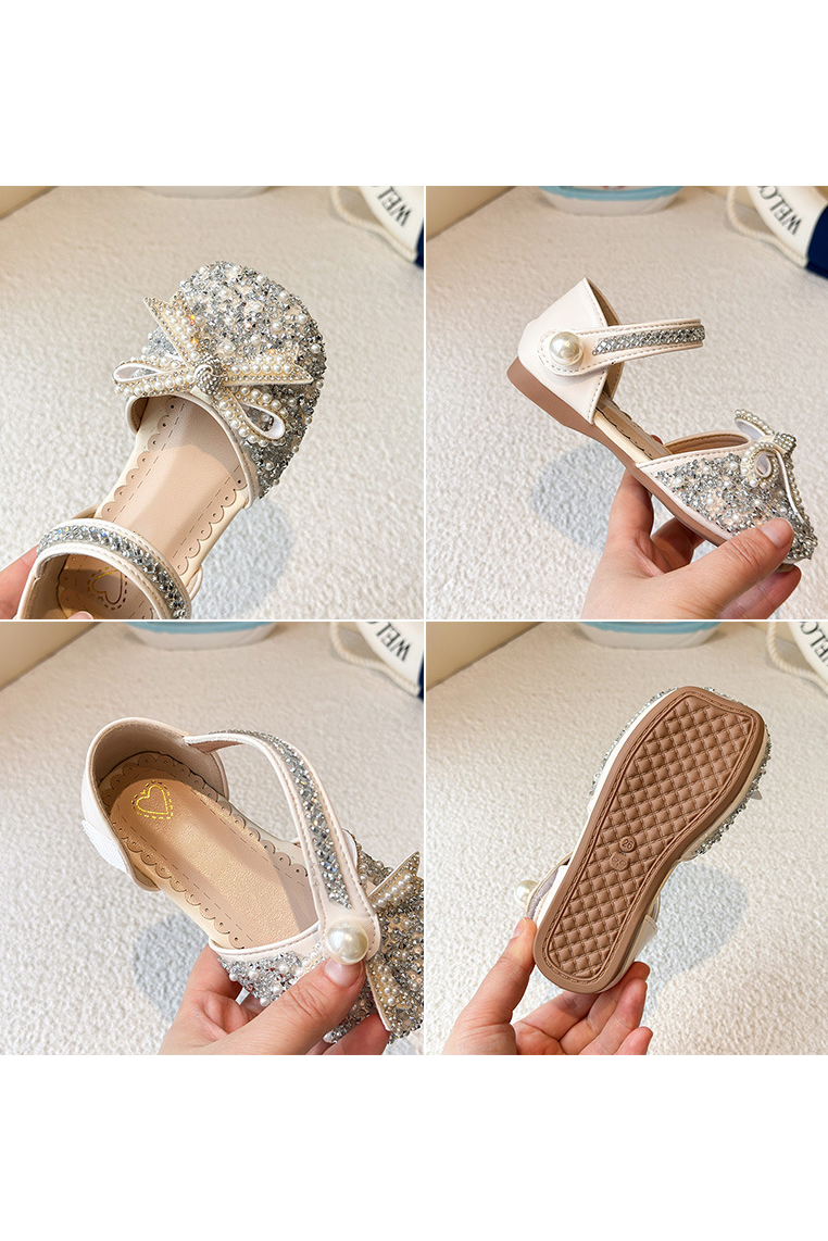 Silver Glitter Rhinestone Pearl Bow Closed Toe Flat Princess Sandals With Pearl Tassel Ankle Strap