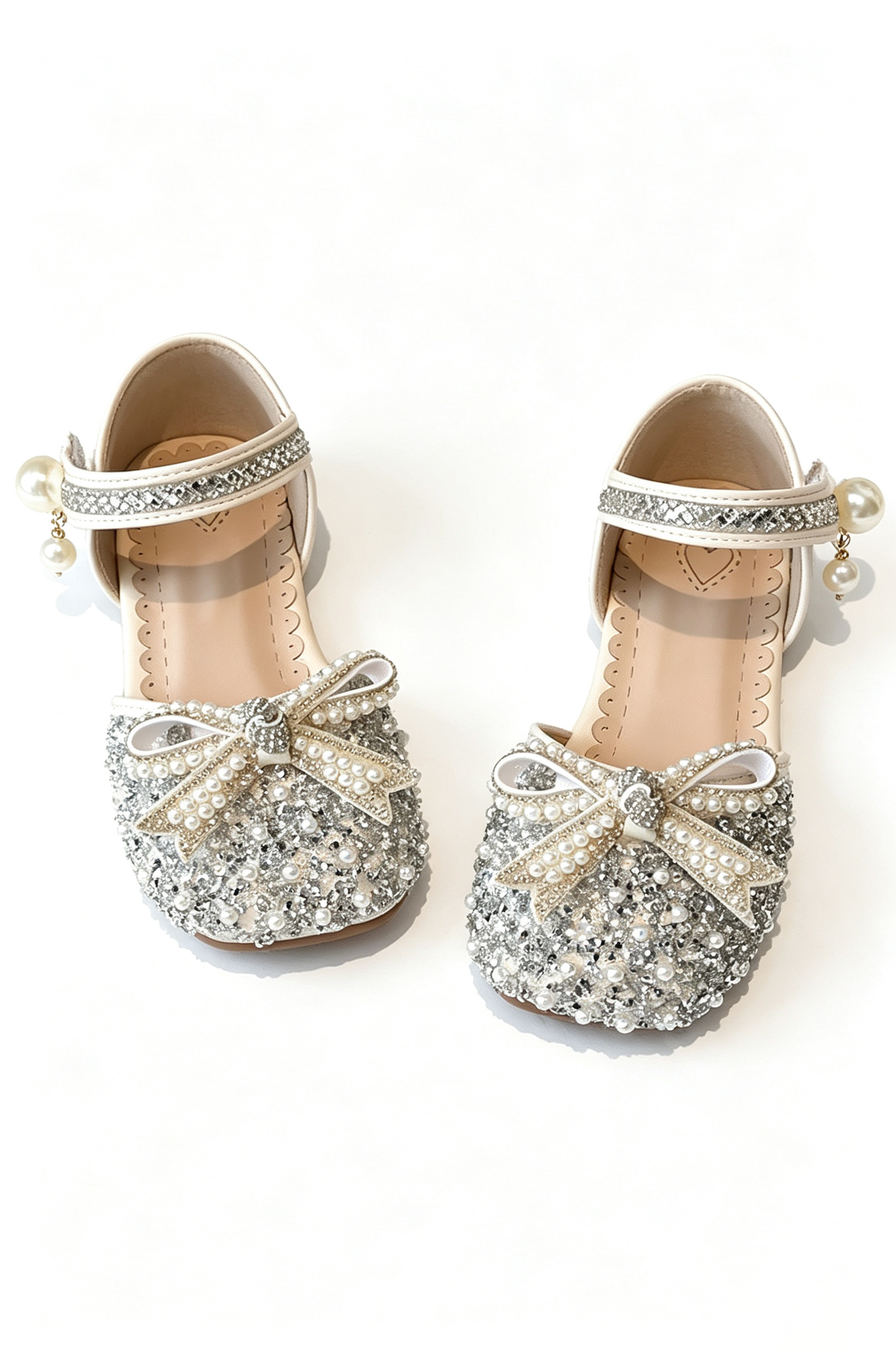 Silver Glitter Rhinestone Pearl Bow Closed Toe Flat Princess Sandals With Pearl Tassel Ankle Strap