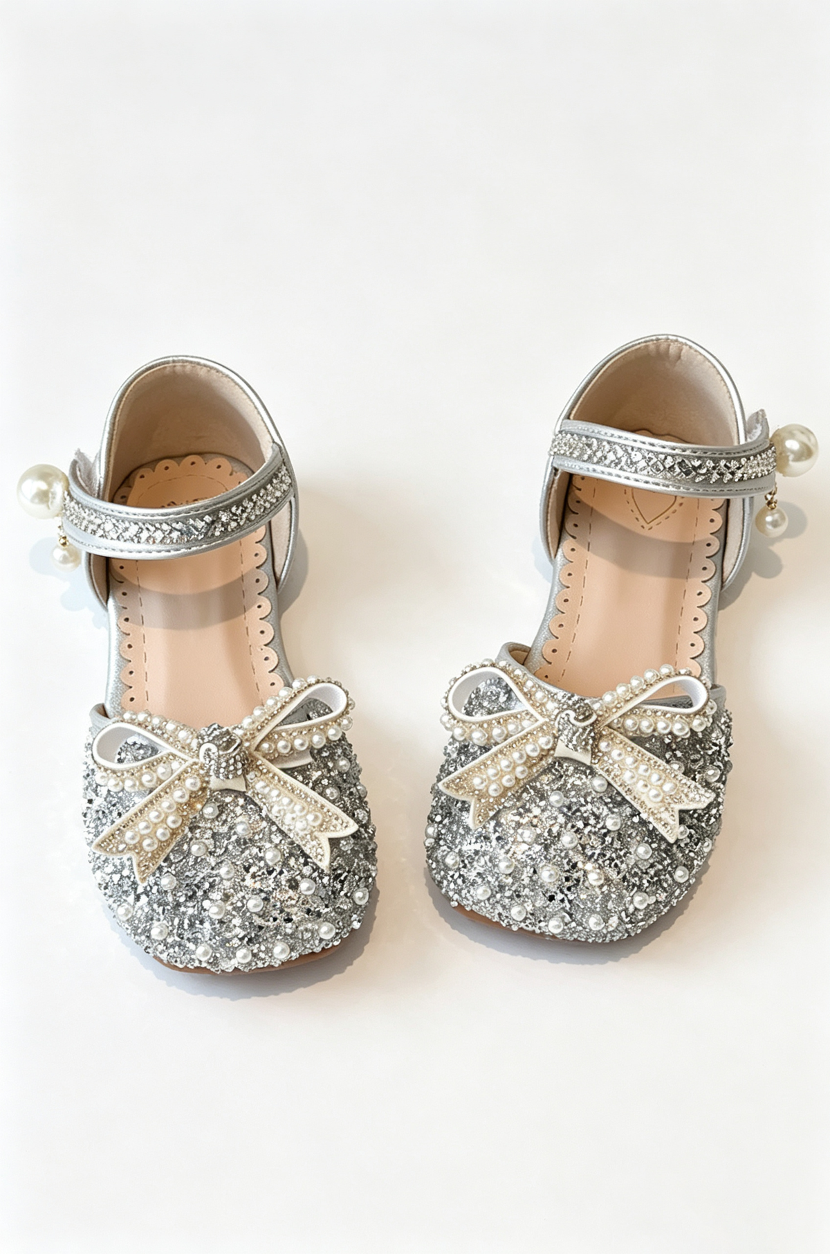 Silver Glitter Rhinestone Pearl Bow Closed Toe Flat Princess Sandals With Pearl Tassel Ankle Strap