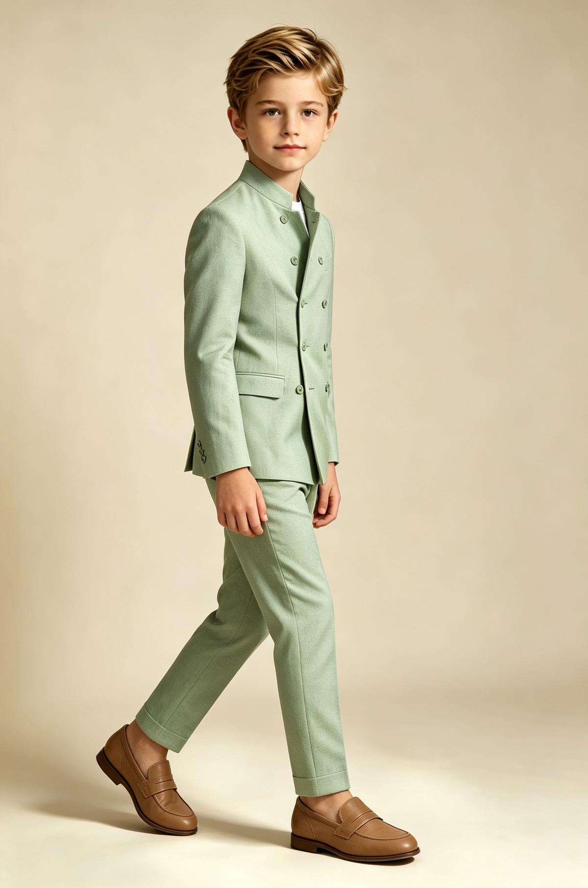 Sage Green Cotton Linen-Blend Mandarin Stand Collar Double Breasted 2-Piece Suit