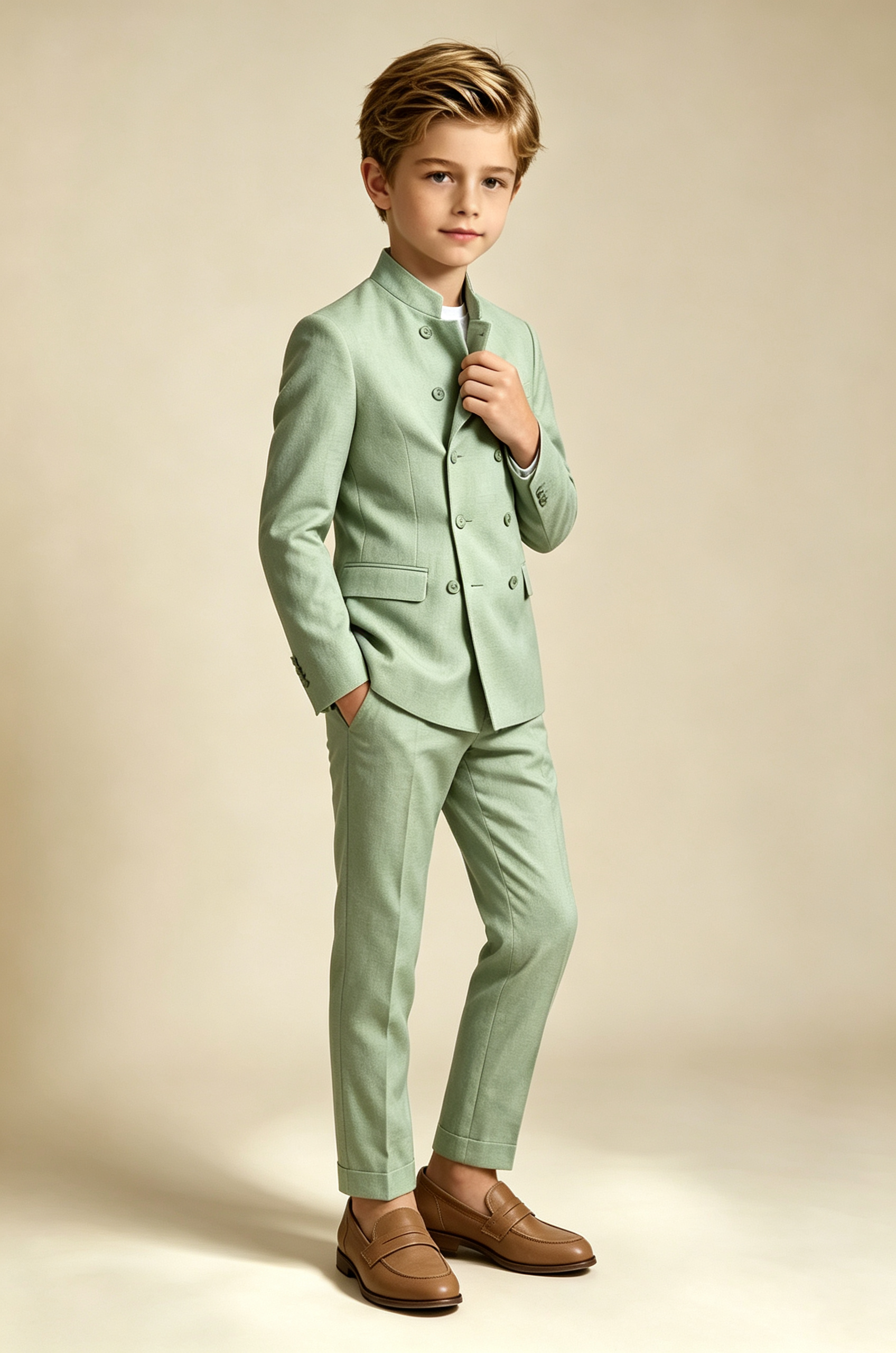 Sage Green Cotton Linen-Blend Mandarin Stand Collar Double Breasted 2-Piece Suit