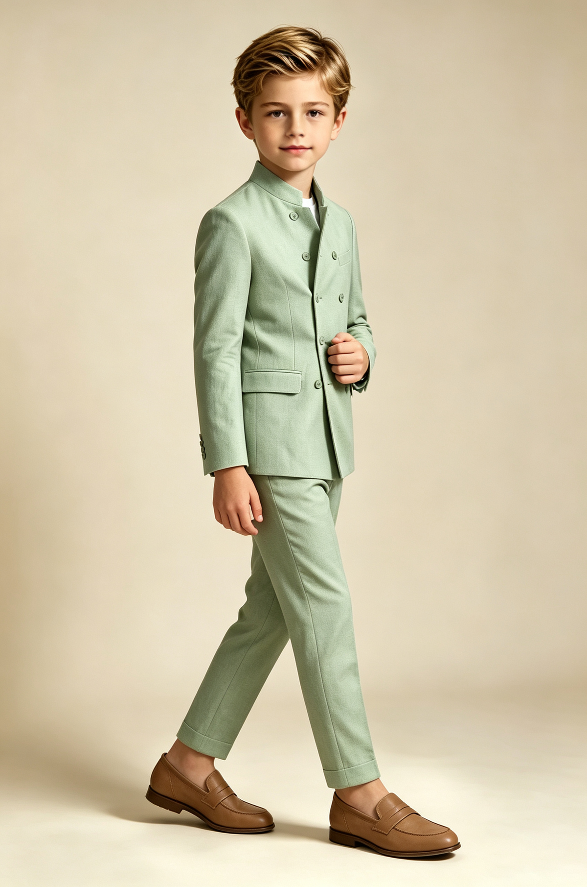 Sage Green Cotton Linen-Blend Mandarin Stand Collar Double Breasted 2-Piece Suit