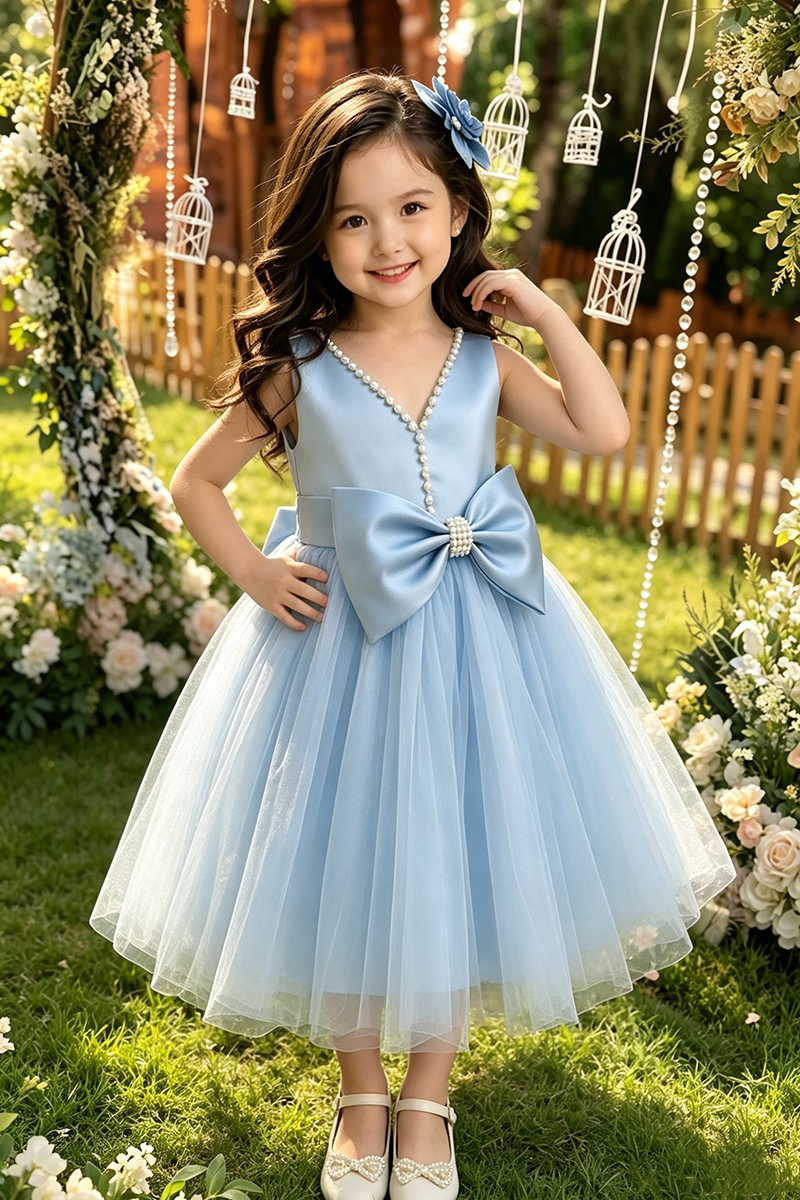 Girls Sky Blue Satin Tulle Midi Dress with Pearl V-Neck & Waist Bow