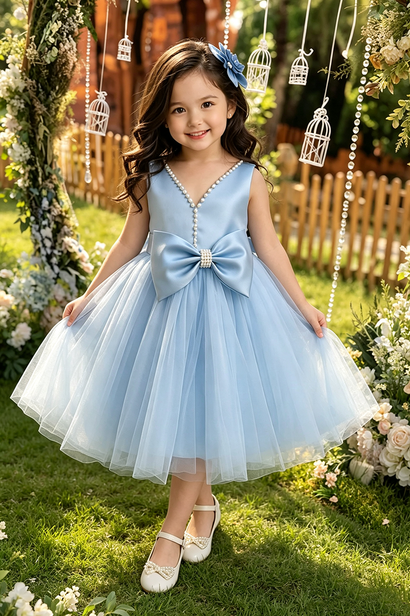 Girls Sky Blue Satin Tulle Midi Dress with Pearl V-Neck & Waist Bow