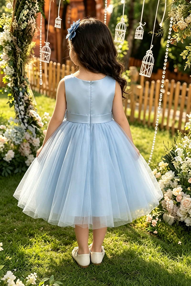 Girls Sky Blue Satin Tulle Midi Dress with Pearl V-Neck & Waist Bow