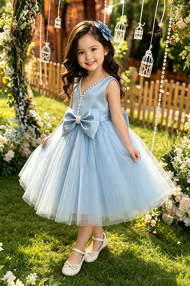 Girls Sky Blue Satin Tulle Midi Dress with Pearl V-Neck & Waist Bow