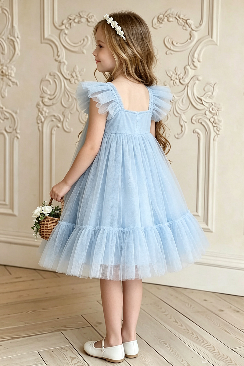 Girls Dusty Blue Ruffle Strap Tulle Swing Dress