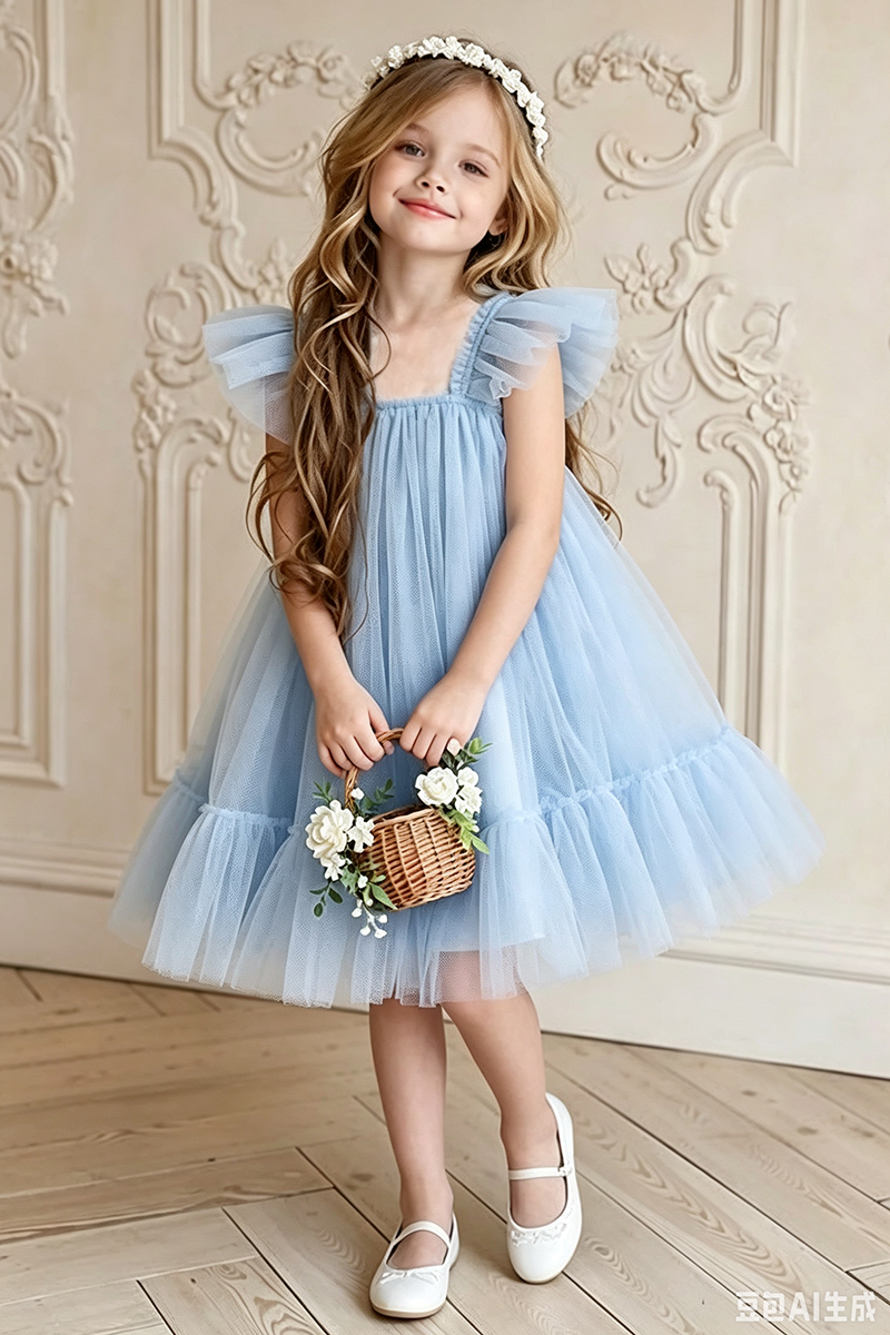 Girls Dusty Blue Ruffle Strap Tulle Swing Dress