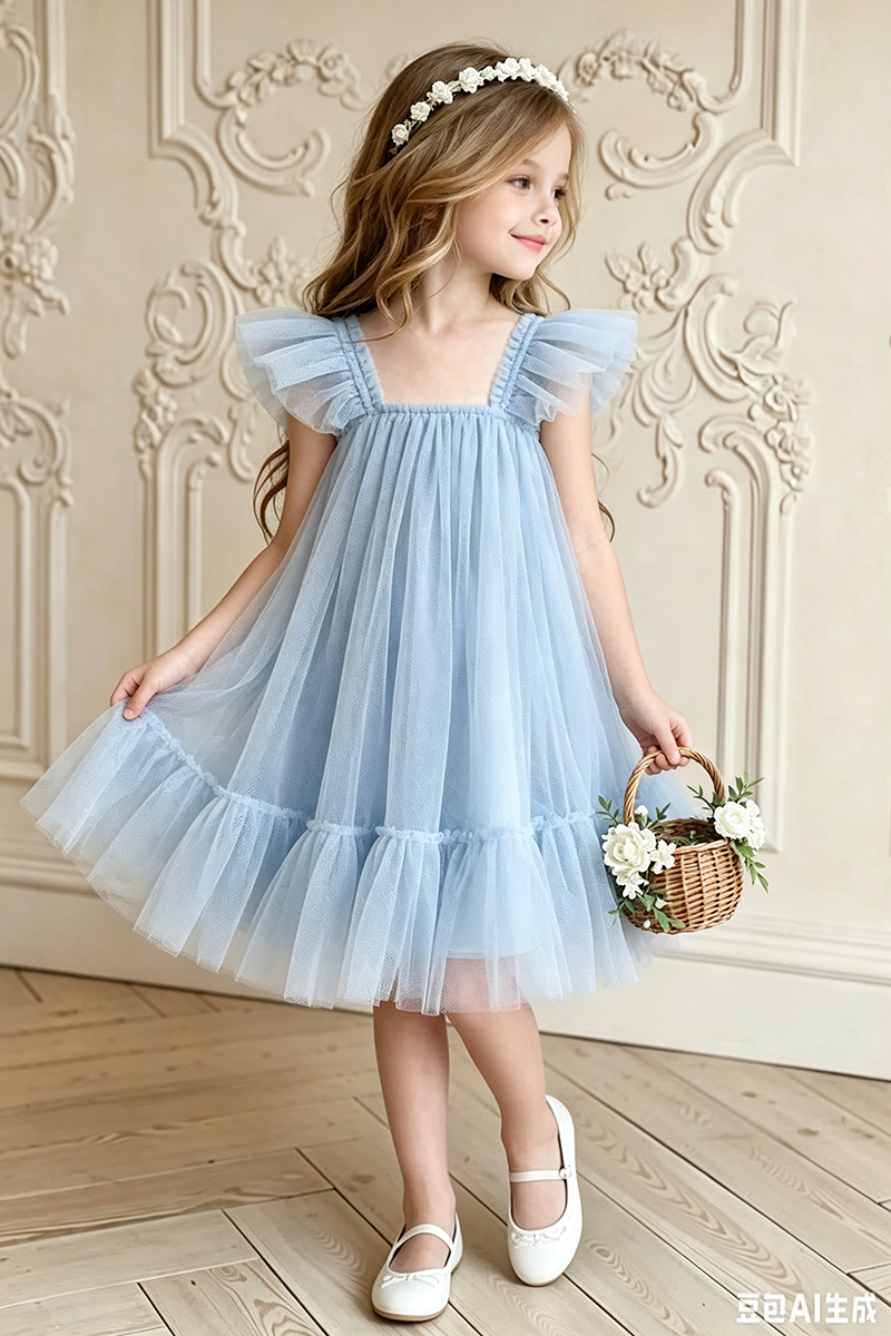 Girls Dusty Blue Ruffle Strap Tulle Swing Dress
