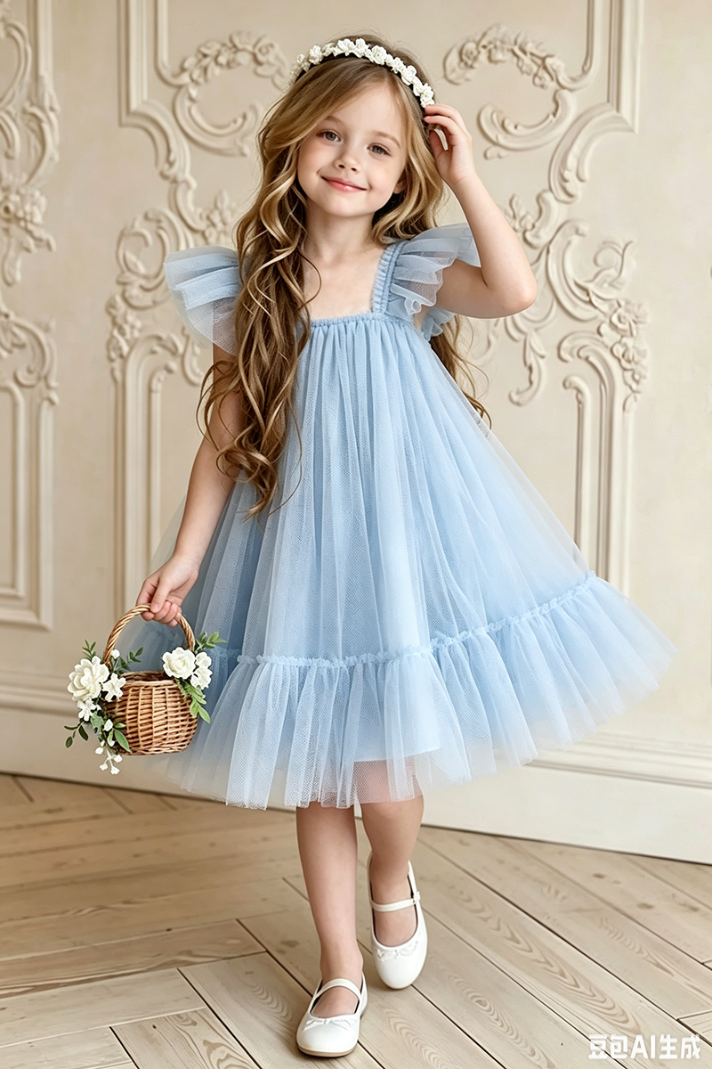 Girls Dusty Blue Ruffle Strap Tulle Swing Dress