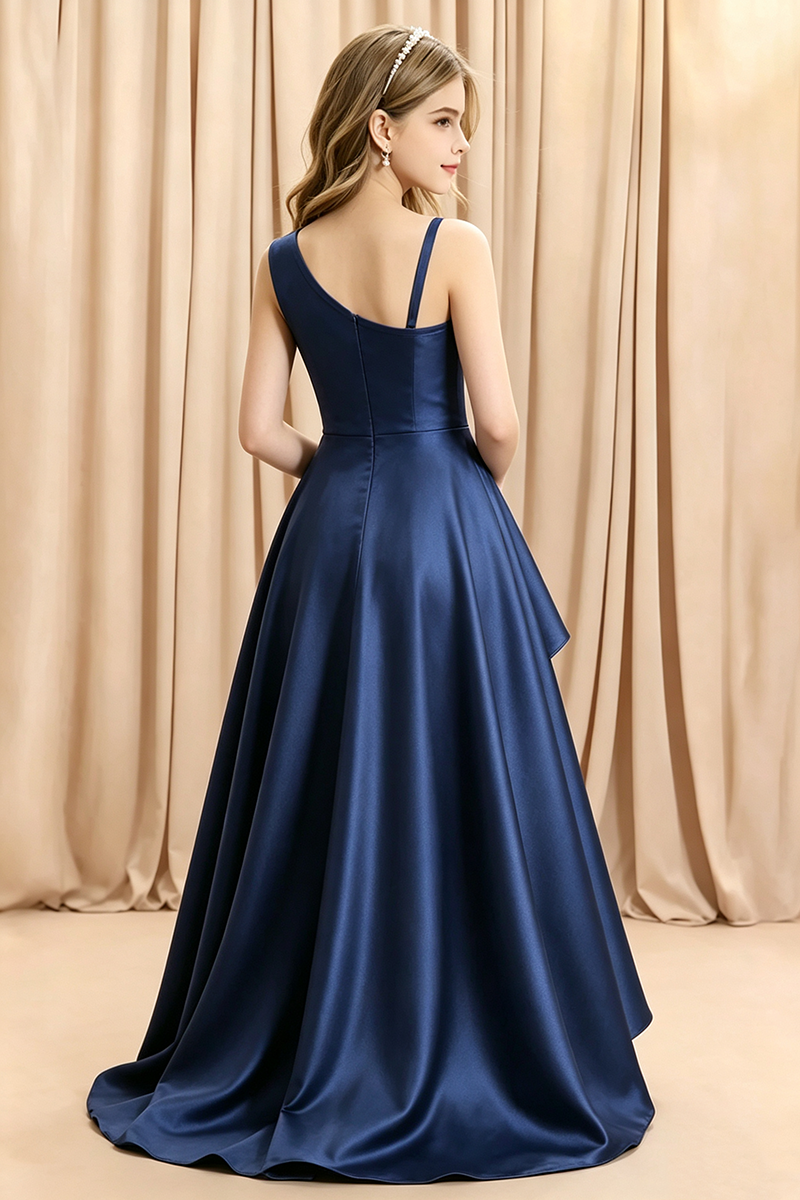 Girls Navy One Shoulder Satin High Low Evening Gown for Wedding