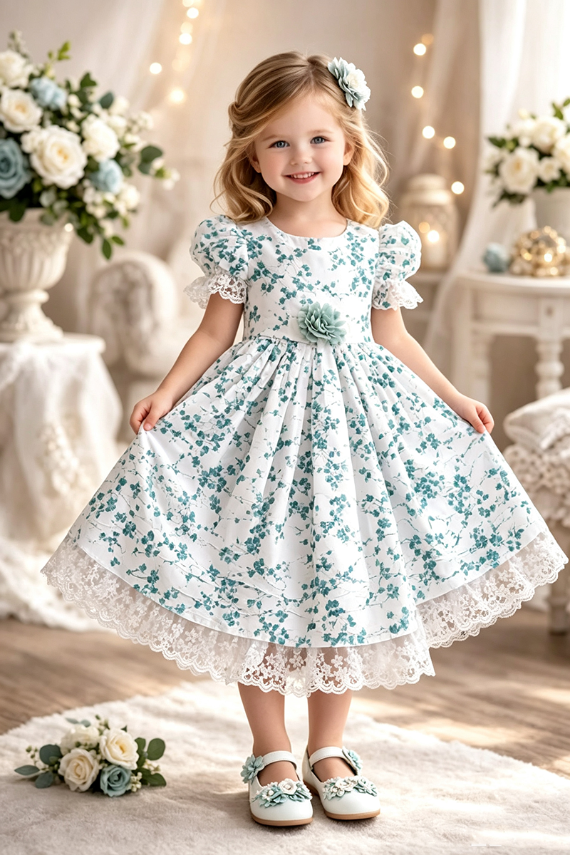 Girls White Teal Floral Cotton Midi Dress with Lace Trim & Puff Sleeves for Wedding