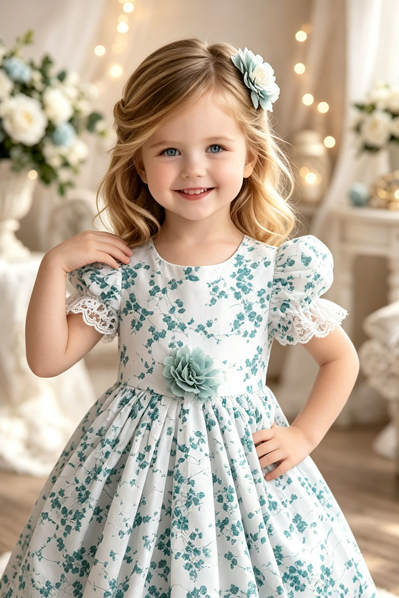 Girls White Teal Floral Cotton Midi Dress with Lace Trim & Puff Sleeves for Wedding