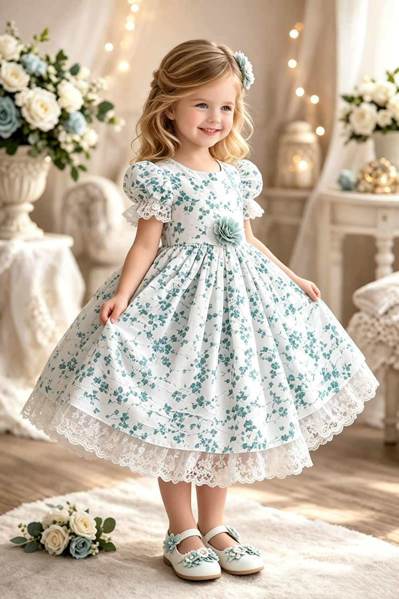 Girls White Teal Floral Cotton Midi Dress with Lace Trim & Puff Sleeves for Wedding