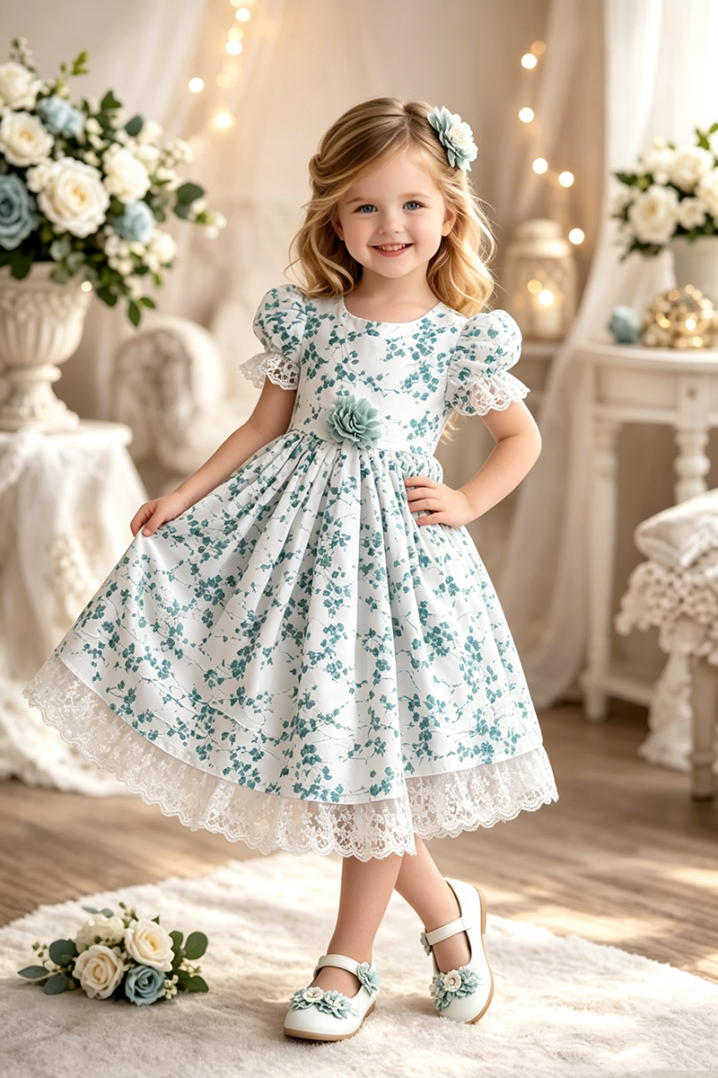 Girls White Teal Floral Cotton Midi Dress with Lace Trim & Puff Sleeves for Wedding