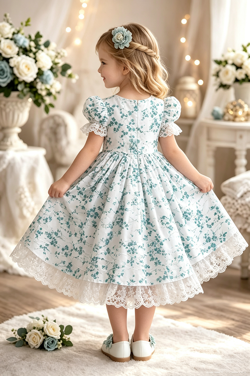 Girls White Teal Floral Cotton Midi Dress with Lace Trim & Puff Sleeves for Wedding