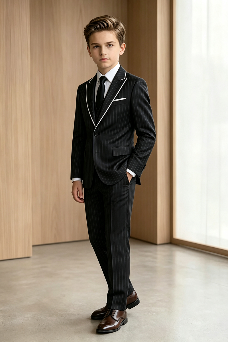 Boys Black Pinstripe Notch Lapel 2-Piece Suit for Wedding