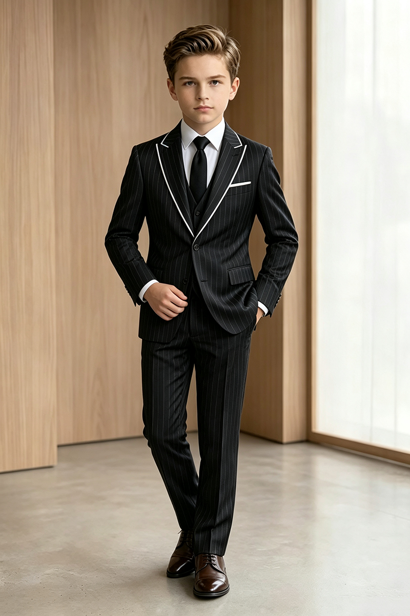 Boys Black Pinstripe Notch Lapel 2-Piece Suit for Wedding