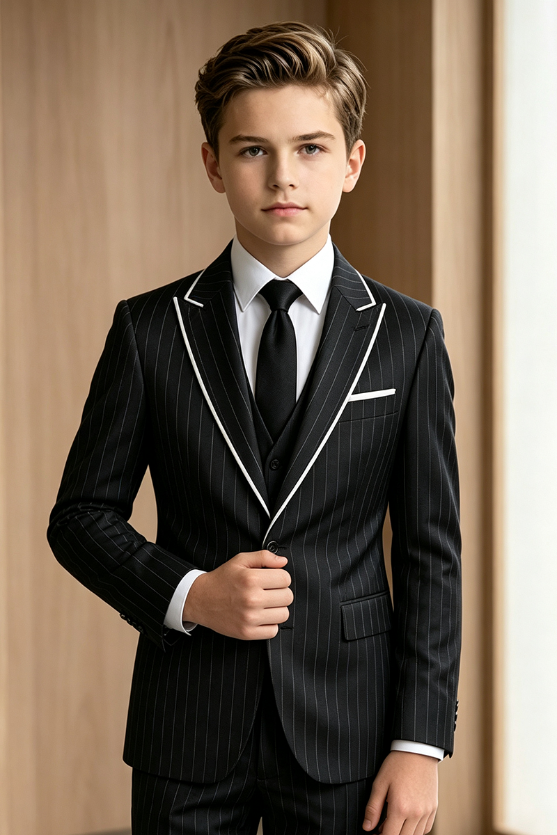 Boys Black Pinstripe Notch Lapel 2-Piece Suit for Wedding